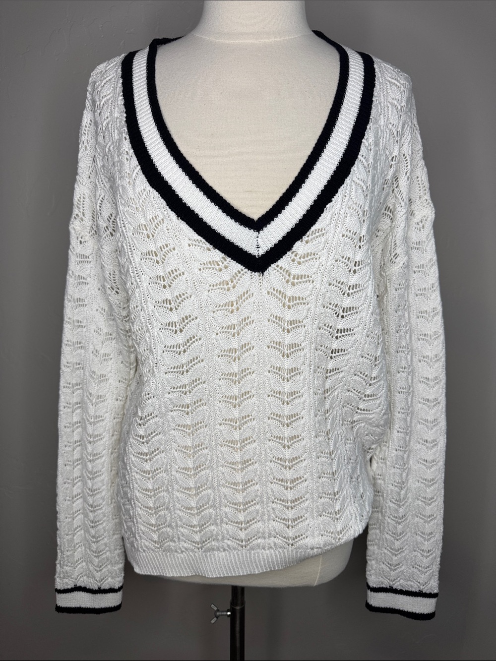 Flat White V-Neck Cable Knit Sweater - White with Black Trim